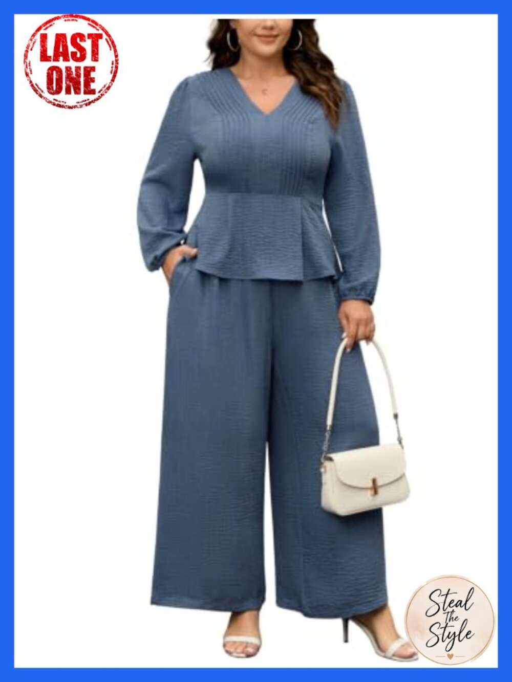 Plus Size 2 Piece Pant Set Long Sleeve Peplum Top Wide Leg Pants